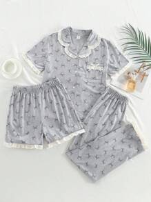 Bộ 3 áo cardigan tay ngắn in nơ giản dị cho bé gái tuổi mới lớn + quần short/quần dài Bộ đồ ngủ thoải mái - Xám - Xem 1