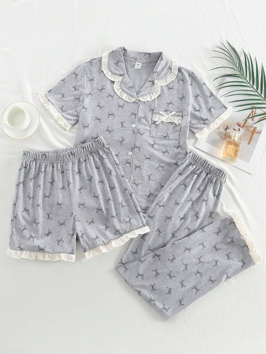 Bộ 3 áo cardigan tay ngắn in nơ giản dị cho bé gái tuổi mới lớn + quần short/quần dài Bộ đồ ngủ thoải mái - Xám - Xem 1