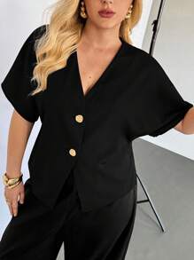 Auralis Plus-Size Women's Black Short-Sleeved Blouse, Summer Cardigan Short-Sleeved Blouse, Women's Business Casual Blouse, Fashion New Summer Blouse,Cute Tops Going Out Tops Women Old Money Style Women Going Out Top,Teacher Shirts