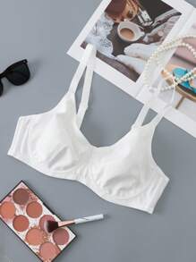 DesireSculpt Plus Size Simple Thin Underwire Wireless Bra, Lift And Gather, Without Padding White Bra Plus Size Bra Cute Bra White Ribbed Bra Full Coverage Bra - White - View 7