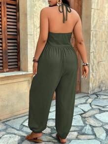EMERY ROSE Plus Size Army Green Textured Fabric V-Neck Pocket Drawstring Jumpsuit,Women's Summer Boho Vacation Holiday Casual Homewear Halter Sleeveless Jumpsuit - Army Green - View 2
