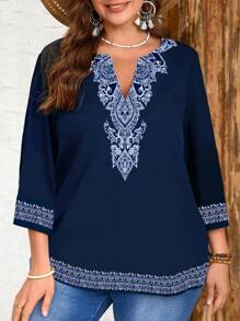 EMERY ROSE Navy V-Neck Faux Embroidery Blouse, Retro Style Plus Size Top - Multicolor - View 3
