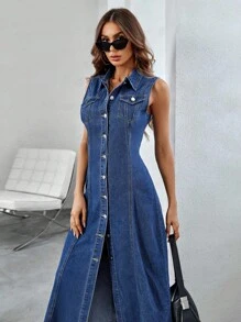 SHEIN Tall 女式夏季休闲翻盖口袋纽扣前无袖长款牛仔连衣裙 - 深色水洗藍 - 查看 5