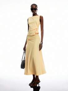 LYSMO 女士夏季纯色圆领荷叶边无袖上衣和迷你裙优雅两件套