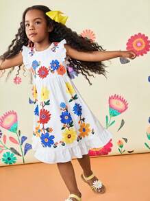 Robe casual à col rond avec volants et imprimé floral mignon pour jeune fille - Blanc - Voir 3