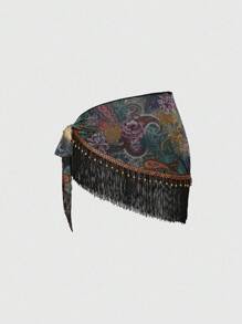 ROMWE Hippie Spring/Summer Baech Graphic 2pcs Women's Vacation Outfit - Cashew Print Fringed Bandeau Top & Side Slit Midi Skirt Set - Multicolor - View 8