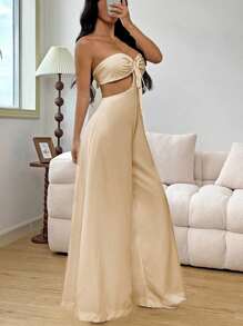 Mono de pierna ancha con espalda descubierta y cuello halter calado, sexy para mujer - Caqui - Ver 3