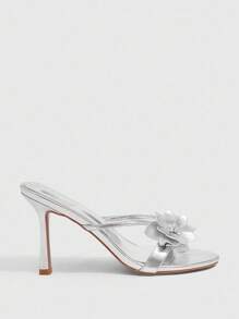 CUCCOO SZL Women's Silver Metallic PU Floral Decor Fashion Sexy Nightclub Elegant Strap Open Toe High Heel Mules - Silver - View 11