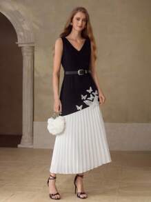 MOTF PREMIUM WOMEN'S BUTTERFLY 3D APPLIQUES PATCHWORK CONTRAST PLEATED MID-LENGTH DRESS WITHOUT BELT