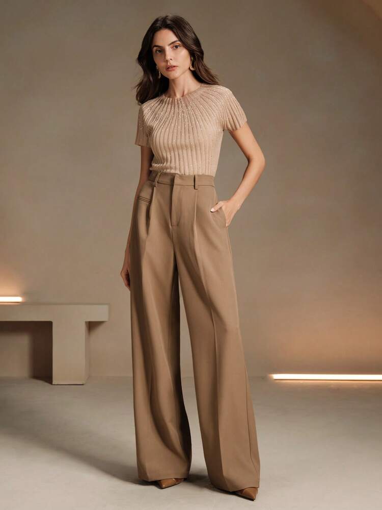 Elegant High-Waisted Design Pocket Khaki Women's Straight Leg Pants, Solid Color Trousers, Suitable For Petite, Fall, Winter, Summer, Spring, New Year, Party, Wedding, Elegant, Chic, Stylish, Business Casual