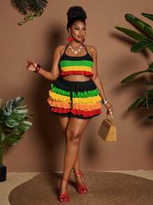 Maweii 大码女式纯色丝带镂空海滩度假性感两件套海滩女士服装夏季女士服装波西米亚风 - 彩色 - 查看 6