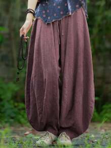 女士浅粉色宽松灯笼裤，休闲户外宽松下摆裤