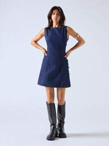 LYSMO Women's Summer Round Neck Casual Sleeveless Denim Dress With Side Cut-Out Design Cut Out Dress For Women - Blue - View 3