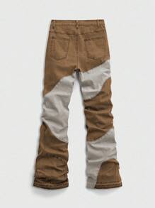ROMWE MEN Street Life Spring Casual Graphic Men'S Casual Washed Color Block Patchwork Denim Jeans - Khaki - View 2
