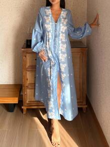 DAZY 度假风花卉印花前扣女式睡袍，秋季 - 藍色 - 查看 8