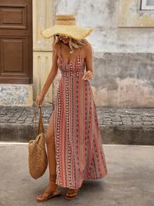 Brillora Shirred Geometric Print High Slit Long Dress, Bohemian Style For Vacation,Tea Party Dress,Summer Dresses For Women