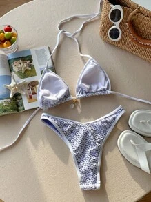 Comfortcana Thong Bikini Summer Vacation Beach Net Halter  Set - Blue - View 2