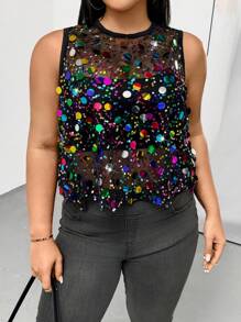 Auralis Top sans manches élégant et confortable pour femmes grandes tailles, printemps et été, avec sequins brillants colorés, noir, transparent, sexy, Y2K, pour sortir, pour femmes en club, pour le rave festival, streetwear pour femmes, Top perlé, été européen, concert pour femmes, concert country