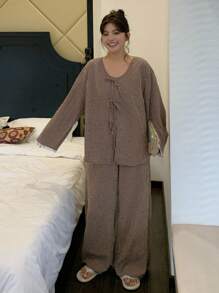 Dazy Plus Plus Contrast Lace Tie Plaid Loose Top And Pants Pajama Set, Fall Winter Clothes