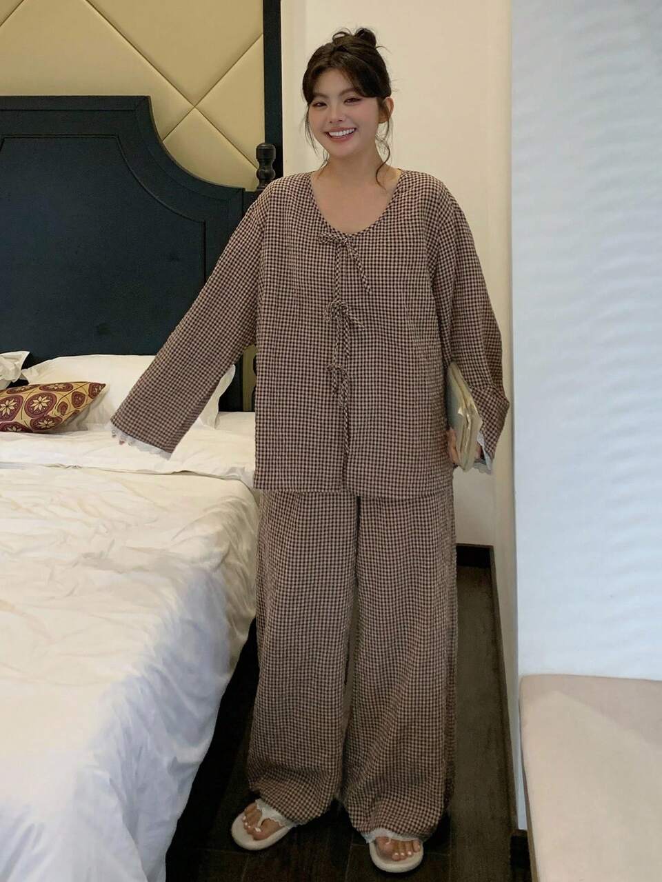 Dazy Plus Plus Contrast Lace Tie Plaid Loose Top And Pants Pajama Set, Fall Winter Clothes