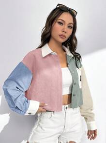 SHEIN EZwear Áo khoác nữ tay dài hở trước dệt khối màu Áo khoác nhung kẻ thời trang dạo phố cho nữ Áo khoác lửng mùa thu/đông - Nhiều màu - Xem 5