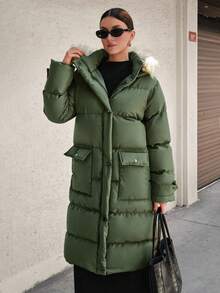 CLARA VERO Casual Style, Premium Quality, Fur Detailed Long Line Bonded Winter Coat - Khaki - View 6