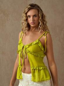 Glamine Sexy grünes transparentes Mesh-Crop-Top mit Rüschentrimm und Bindedetail für Frauen, heißes grünes durchsichtiges Top für Club, Nachtausgang, Party, Sommer, Strandurlaub, schicke geschichtete Rüschen Mode für Urlaubsdate - Olivgrün - Übersicht 3