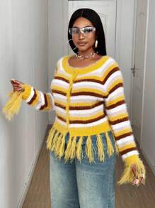加大码女式拼色条纹流苏性感针织黄色开衫秋冬女装秋季 - 黃色 - 查看 5