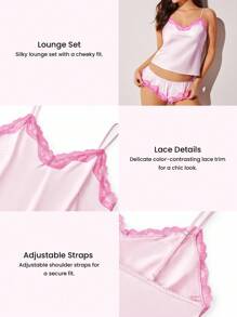 LUVLETTE 女士性感丝滑缎面奢华蕾丝花边 V 领吊带背心上衣和短裤透气家居睡衣套装内衣和睡衣