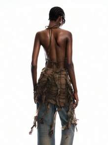 LYSMO 2025 New Arrival Spring-Summer Women's Post-Apocalyptic Style Vintage Distressed Tie-Dye Print Ruffled Asymmetrical Long Slim Halter Neck Camisole For Vacation Outfits And Vintage Casual Partywear