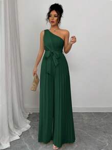 Elenzga Elegant Apricot Color One Shoulder Ruched Jumpsuit For Women, Christmas - Dark Green - View 4
