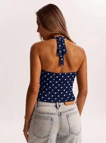 SHEIN BAE Camiseta de punto holgada con cuello halter de malla marrón minimalista, adecuada para uso casual, ir al trabajo, citas, salir con amigos, vacaciones en Italia y diversas ocasiones en primavera y verano