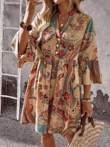 EMERY ROSE 波西米亚风多色 A 字短裙，荷叶边袖和印花佩斯利印花连衣裙波西米亚风连衣裙女式嬉皮连衣裙长袖波西米亚风连衣裙女式夏季佩斯利连衣裙 - 彩色 - 查看 8