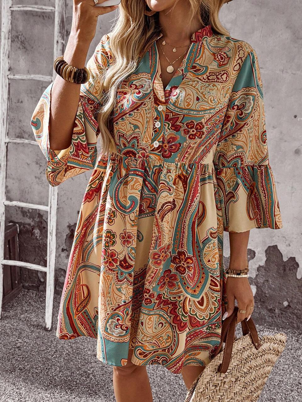 Boho Multicolor A-Line Short Dress With Flounce Sleeves And Print Paisley Women Hippie Long Sleeve Summer