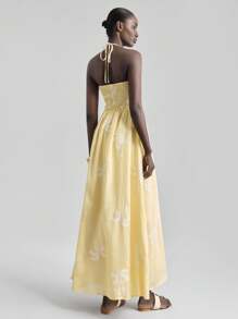 Ontre 2025新款女式细肩带连衣裙，度假风休闲无袖褶皱绣花面料长裙，女式超长休闲连衣裙，女式优雅装 - 黃色 - 查看 3