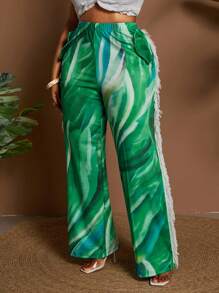 Maweii بنطلون مصنوع من صوف مرن مطبوع بنقش شامل، مزخرف بأشرطة جانبية أنيق وجذاب للمقاسات الكبيرة - متعدد الألوان - مشاهدة 3