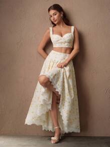 SHEIN Unity 女士夏季、假日、度假两件套 - 碎花吊带背心，搭配蕾丝边不对称下摆半身裙，节日外出度假装 - 黃色 - 查看 1