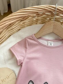 女婴可爱卡通图案粉色短袖连衣裙，春夏 - 粉色 - 查看 4