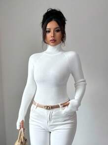 Almamuse Y2K eleganter Outdoor Pullover Strickpullover, geeignet für Pendeln, Urlaub und täglichen Gebrauch, weiß gerippter Rollkragenpullover für Frauen, weißer Rippstrick-Pullover, weißer Rollkragenpullover für Herbst und Winter - Weiss - Übersicht 6