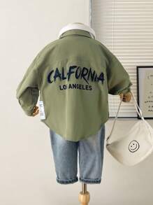 SHEIN 1pc Youth Young Boy Casual College Style Comfortable Fashion Simple Practical Versatile Back Letter Decor Loose Fit Turn-Down Collar Long Sleeve Shirt, Suitable For Fall, School, Daily Wear, Sports, Spring, Autumn & Winter - Green - View 2