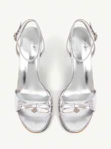 CUCCOO SZL Women's Silver Metallic PU Heart Crystal Buckle Decor Strap Ankle Strap Round Toe Fashion Sexy Cute Elegant Summer Date High Heel Sandals - Silver - View 3