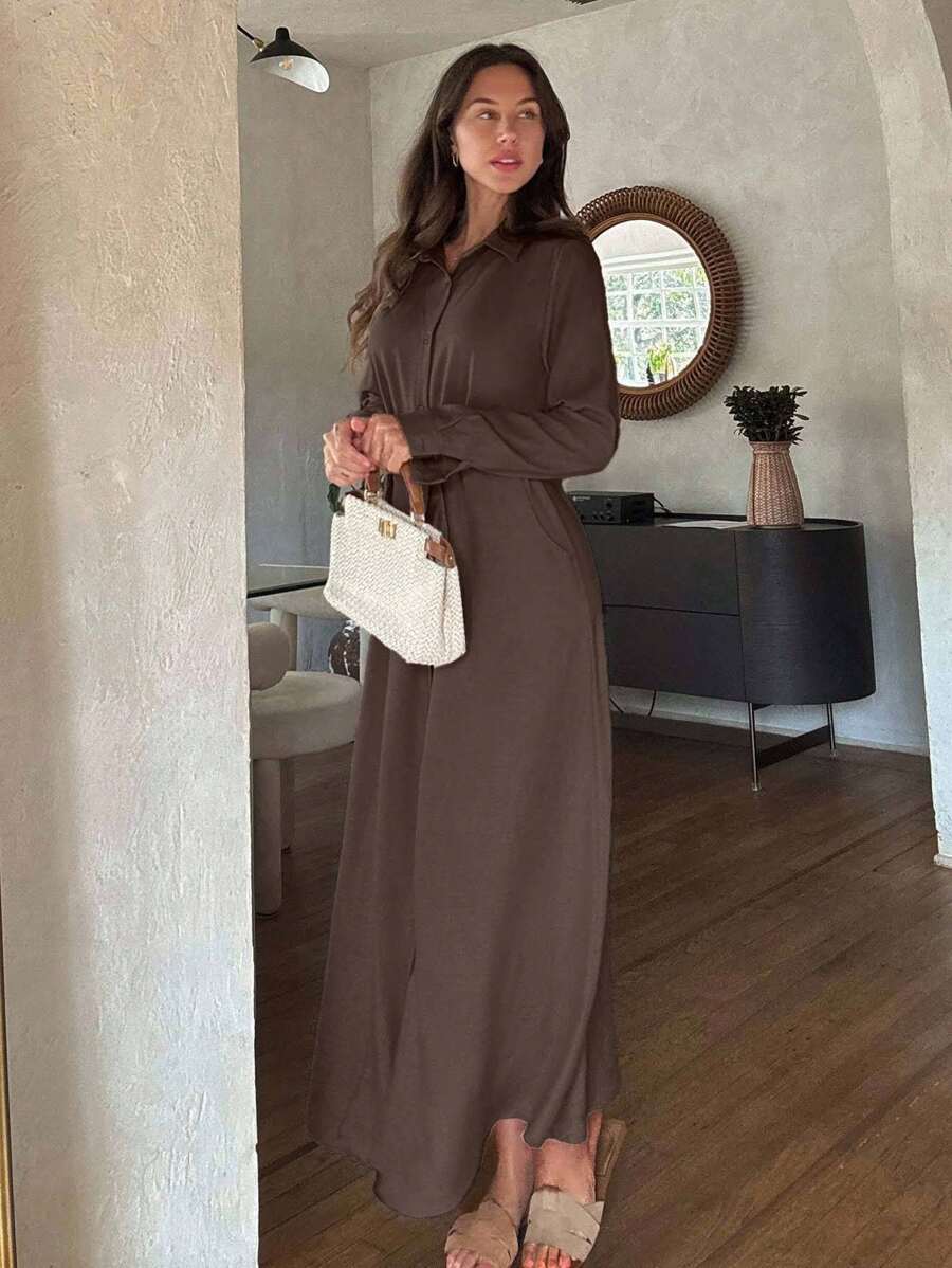 Cloudara 休闲风格，亚麻外观，系腰带长衬衫裙，适合端庄 - 棕色 - 查看 1