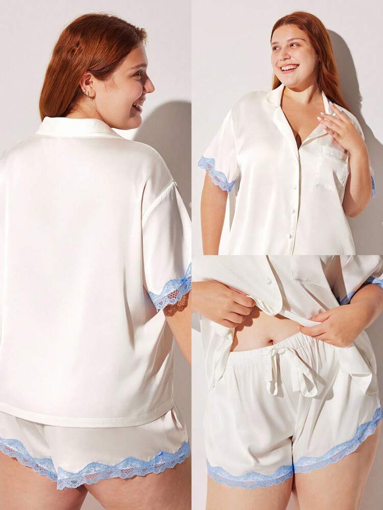Set di pigiama da donna in raso di seta di lusso con pizzo, composto da top a maniche corte con bottoni e pantaloncini, abbigliamento da camera estivo e intimo da sposa, articoli per matrimonio primaverili ed estivi