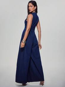 Denimoi 无袖拉链阔腿牛仔连体裤 - 深色水洗藍 - 查看 5