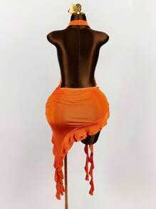 Amplova 女式褶皱不对称下摆深 V 领性感中长连衣裙，夏季 - 亮橙色 - 查看 6