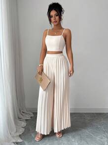Elenzga 2pcs/Set Elegant Minimalist Women Solid Color Cami Top And Pleated Long Pants Vacation White Summer - Apricot - View 5