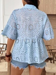 EMERY ROSE Plus Size Women's Popular Hollow Out Embroidery Ruffled Collar Blouse - Blue - View 2