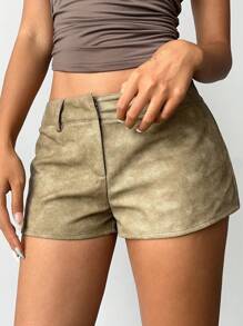 Aloruh 女士时尚宽松卡其色PU皮革迷你短裤 - 卡其色 - 查看 6