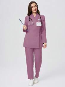 Scrubzie 2pc Set Women Scrub Uniform Shirt With Stand Collar & Long Sleeves, Wrinkle Resistant + Pants - Pink - View 3