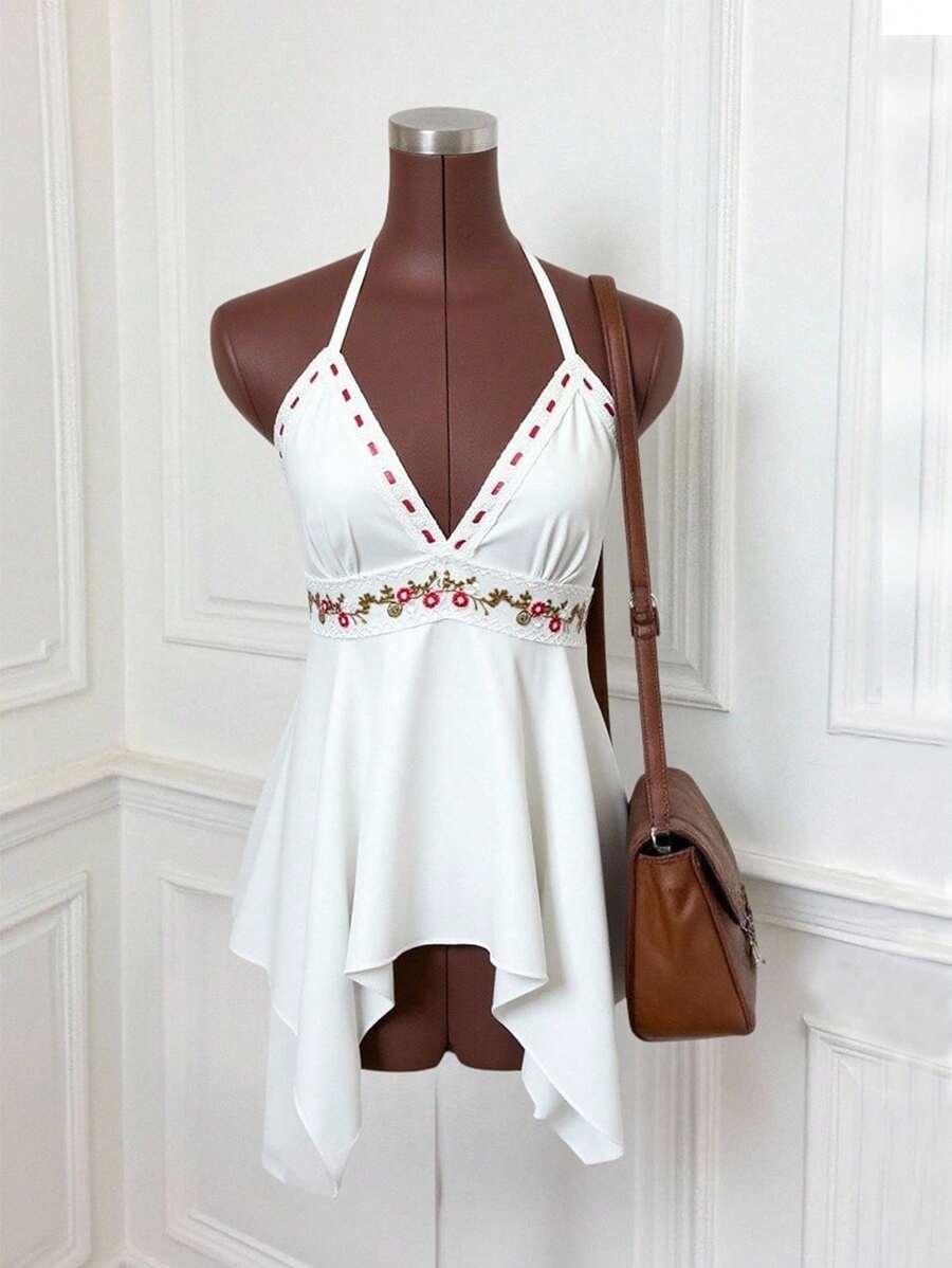 EgrlEra Áo hai dây cổ chữ V in hoa không đối xứng cho nữ - trắng - Xem 1